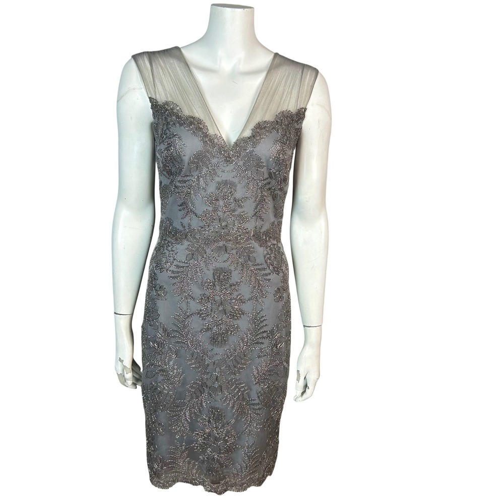 Tadashi Shoji Gatsby cocktail dress size 4 Silver Floral Embroidered Mesh Fairy